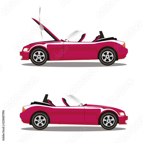 Vector set of broken cartoon pink cabriolet sport car before and after crash isolated on white