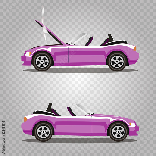 Vector set of broken cartoon rose cabriolet sport car before and after accident isolated