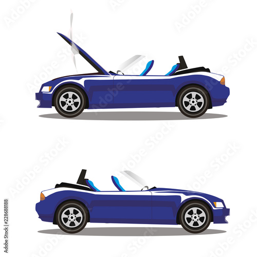 Vector set of broken cartoon navy blue cabriolet sport car before and after crash isolated on white