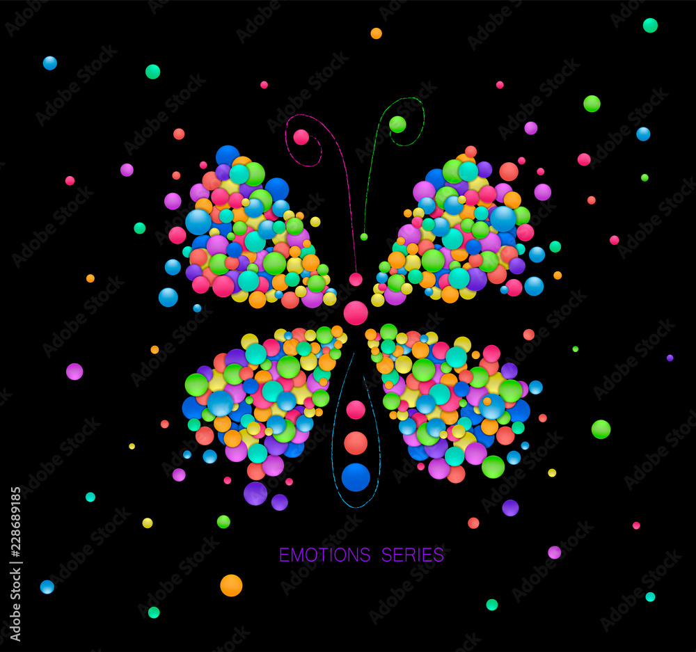 butterly idea on the black background, butterfly created from the small colored parts, emotions icons multicolored isolated,