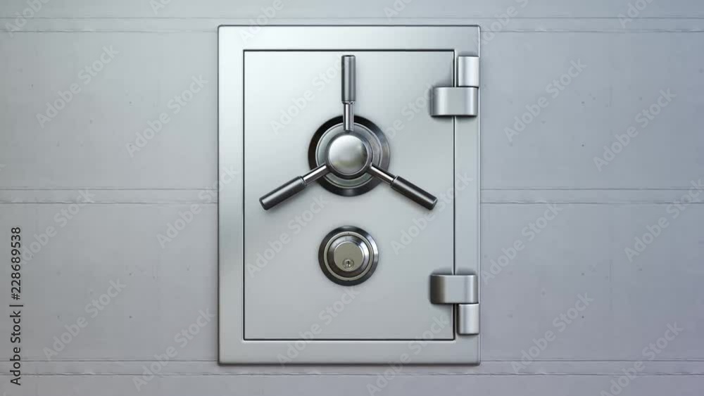 Mechanical dial combination safe full of gold bars mounted on a white wall. Mechanical dial combination safe full of gold bars mounted on a white wall.