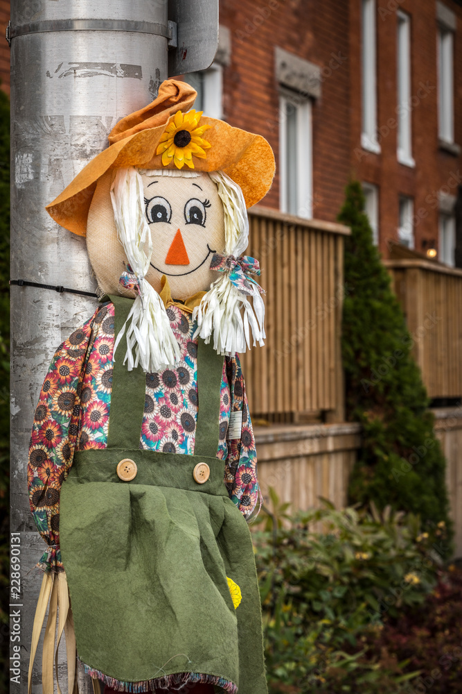 Happy smiling Halloween scarecrow puppet decorations.