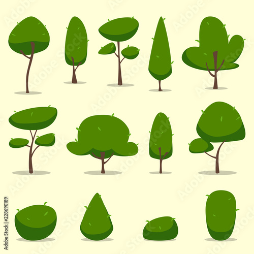vector cartoon park tree and bush template collection set pack