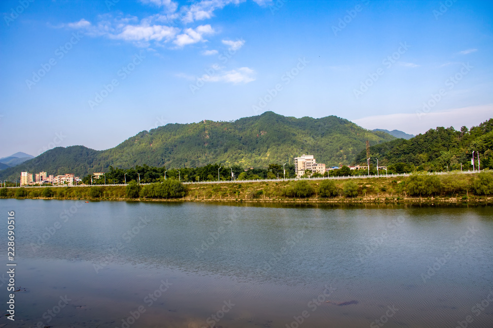 landscape with lake and blue sky