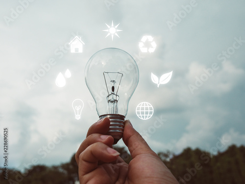 Concept save energy efficiency. Hand holding light bulb with icon on blurred tree and sky background photo