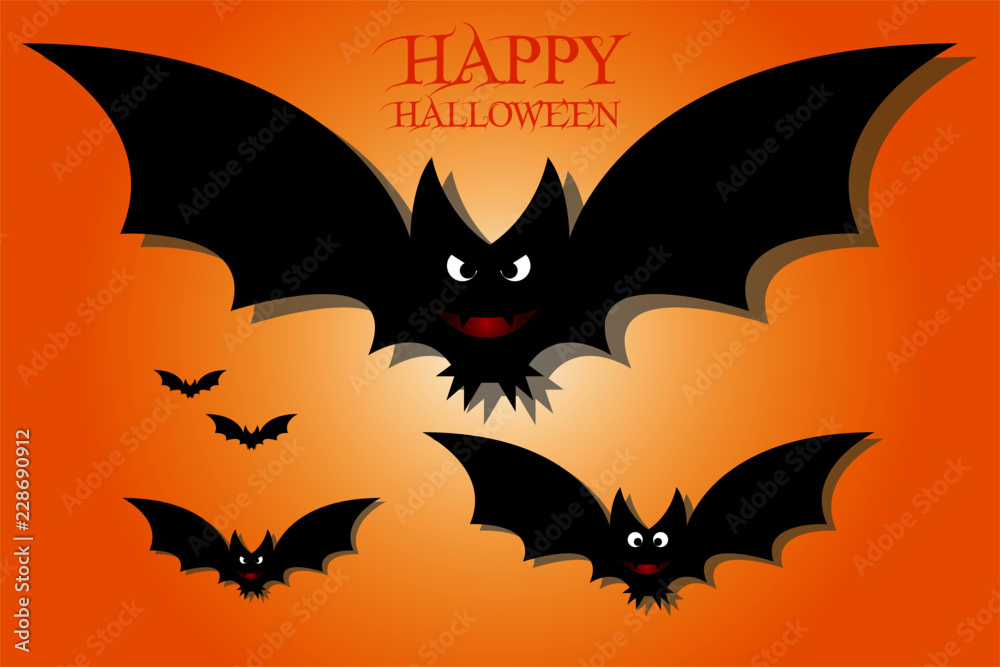 Illustrazione di pipistrelli che volano su sfondo arancione, con testo Happy Halloween