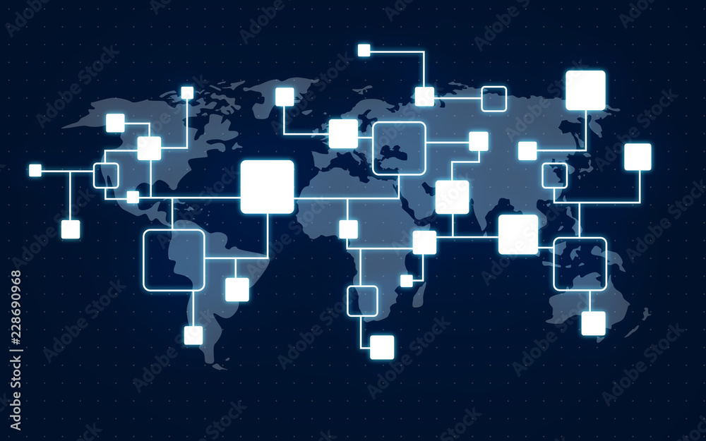 connection, communication and technology concept - network or block chain and world map over dark blue background