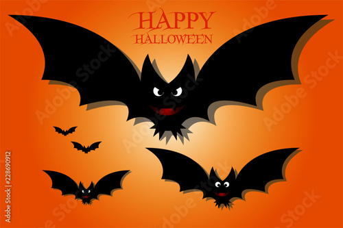 Illustrazione di pipistrelli che volano su sfondo arancione, con testo Happy Halloween
