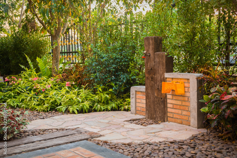 design and decorative garden made stand of water tap by train