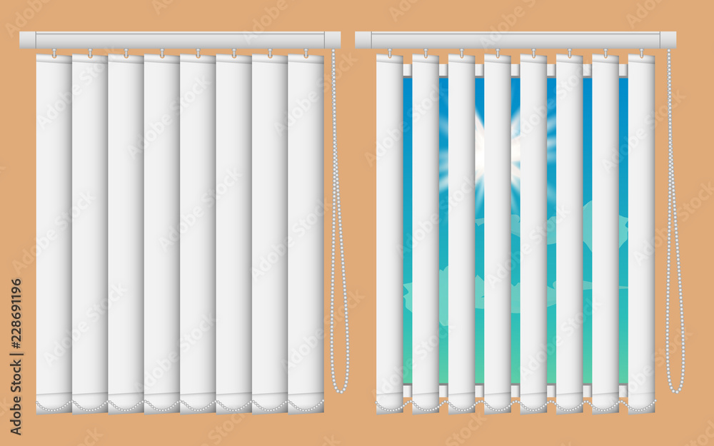 Window blinds mockup set. Vector realistic illustration windows with open  and close vertical blind curtains. Stock Vector | Adobe Stock