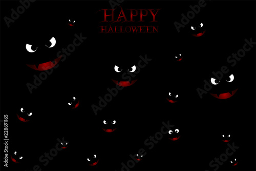 Illustrazione occhi di pipistrelli su sfondo nero, con testo Happy Halloween