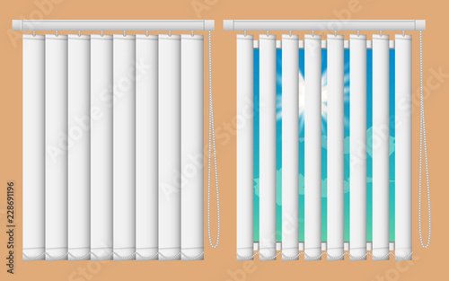 Window blinds mockup set. Vector realistic illustration windows with open and close vertical blind curtains.