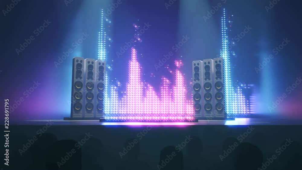Silhouettes of a crowd of fans in front of empty stage or scene. Concert visuals
