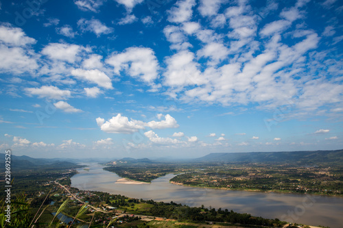 Blue sky and river from viewpoint , river junction,natural border between countries 