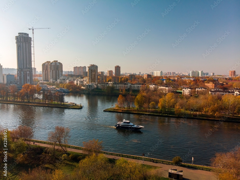 view from above Moscow Canal and Khimki city, Russia