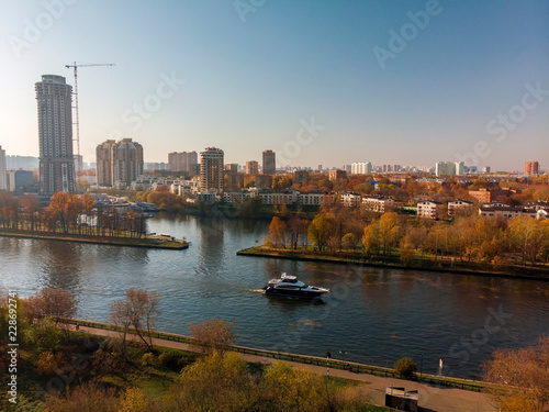 view from above Moscow Canal and Khimki city, Russia