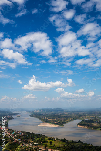 Blue sky and river from viewpoint , river junction,natural border between countries 