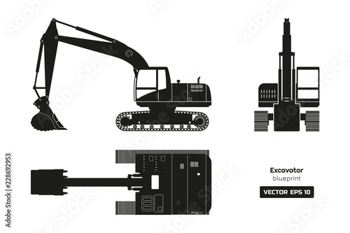 Black silhouette of excavator on white background. Top, side and front view. Diesel digger blueprint. Hydraulic machinery image