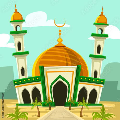 vector cartoon hand drawn luxury mosque template with tower and golden dome illustration