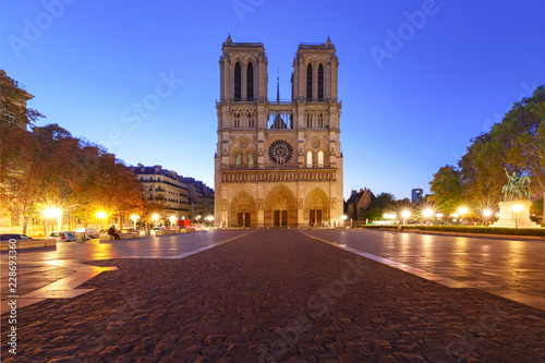 Empty square and Cathedral of Notre Dame de Paris in the morning, Paris, France