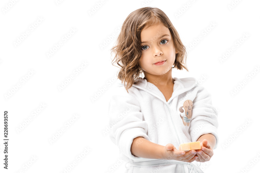 child in bathrobe holding soap in hands isolated on white child in bathrobe holding soap in hands isolated on white