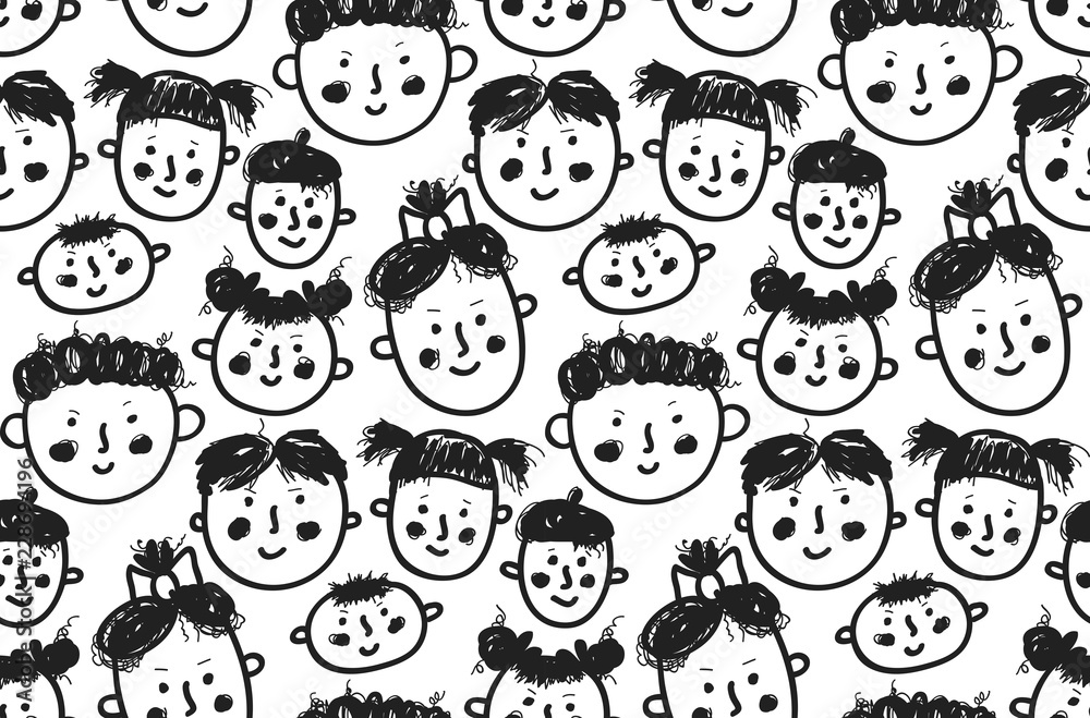 Cute doodle children faces seamless vector pattern