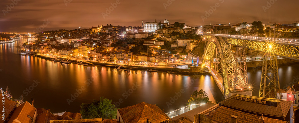 The Porto skyline with the river Douro at night