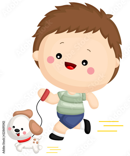 a boy running with his dog