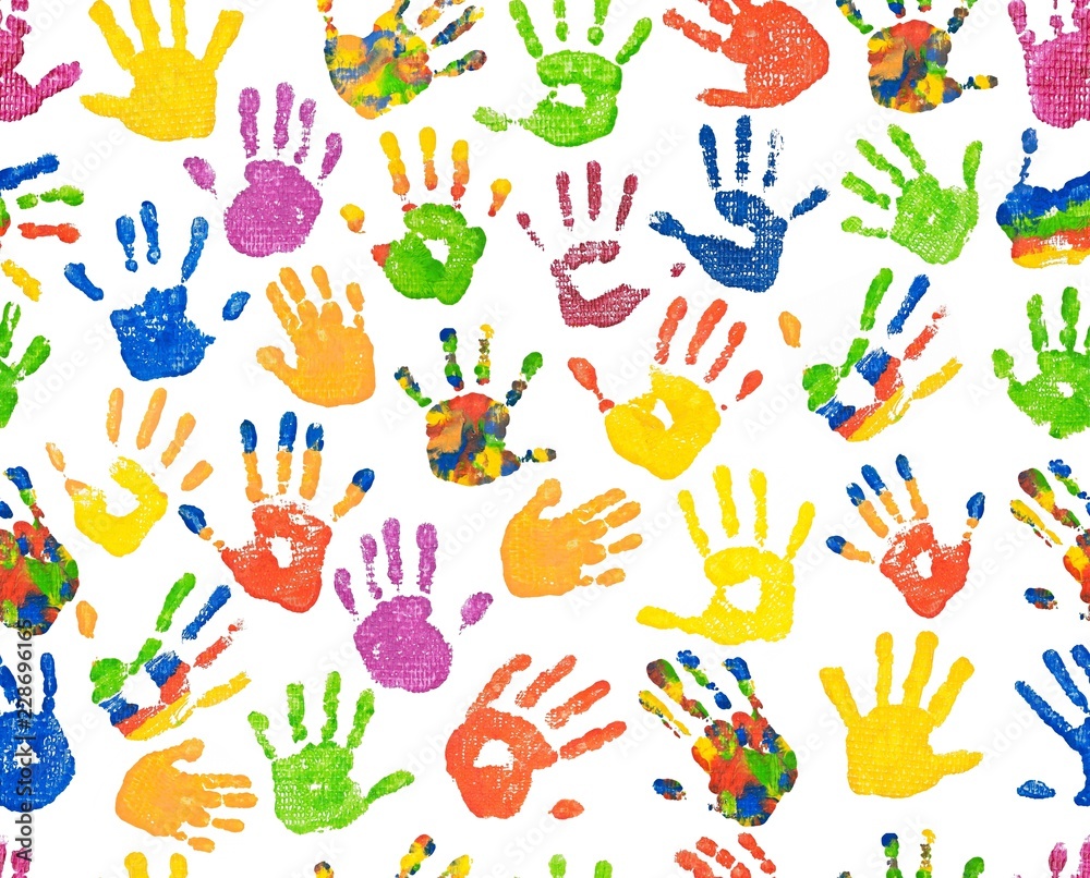 Fototapeta Seamless pattern/ Randloses Muster bunte Kinderhände, Handabdrücke, malen, spielen, Geschenkpapier, Tapete