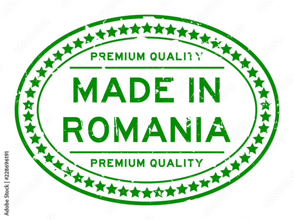 Grunge green premiumq quality made in Romania oval rubber seal business stamp on white background