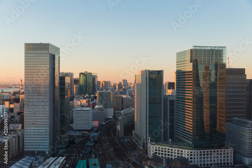 transportation and urban concept - view to tokyo city and railway station in japan