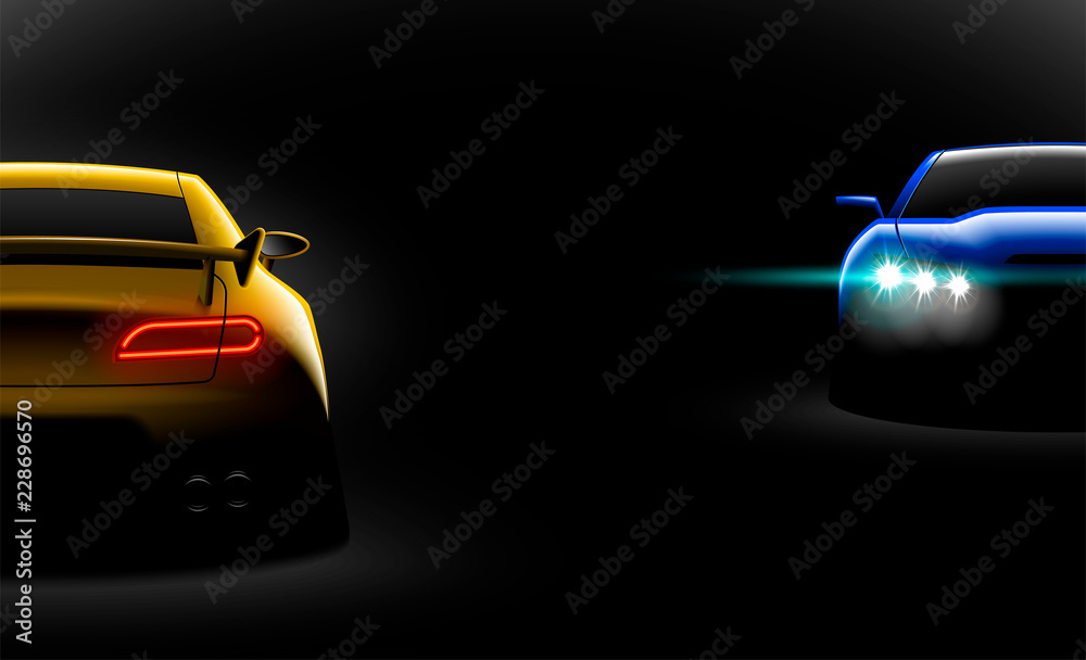 realistic blue yellow two sport car view with unlocked headlights in the dark