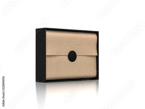 Opened Black Box Mockup with kraft wrapping paper and label isolated on white