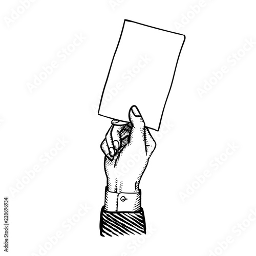 Hand with blank vertical sheet of paper