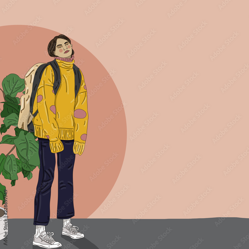 Illustration of young woman with backpack Stock Illustration | Adobe Stock