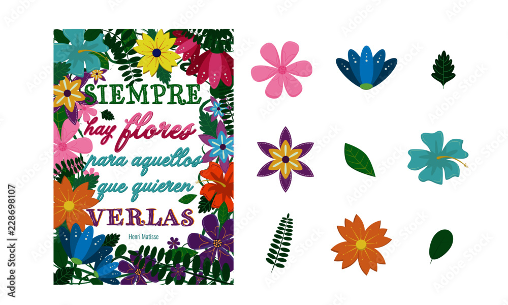 Flores y marco floreal con frase