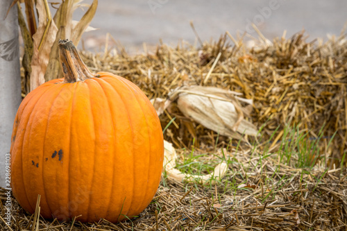 Halloween pumpkin and hay decorations.