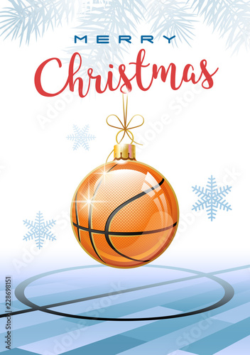 Merry Christmas. Sports greeting card. Realistic basketball ball in the shape of a Christmas ball. Vector illustration.