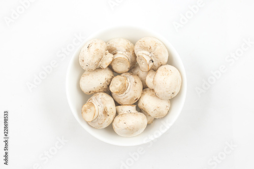 Mushroom champignon in a bowl isolated on white background