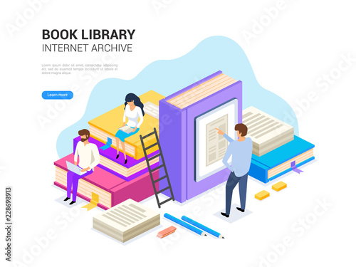 Book library isometric with people. Internet archive concept and digital learning for web banner. Dictionary, encyclopedia and literature e library vector illustration.