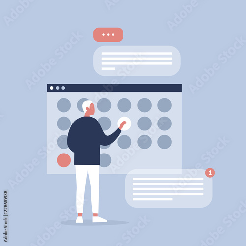 Young manager planning the project in digital calendar. Organising the working process. Deadlines. Office life. Flat editable vector illustration, clip art