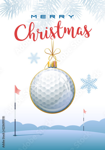 Merry Christmas. Sports greeting card. Realistic golf ball in the shape of a Christmas ball. Vector illustration.