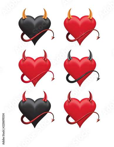 Devil hearts with sharp horns and a tail set. Vector 3d illustration