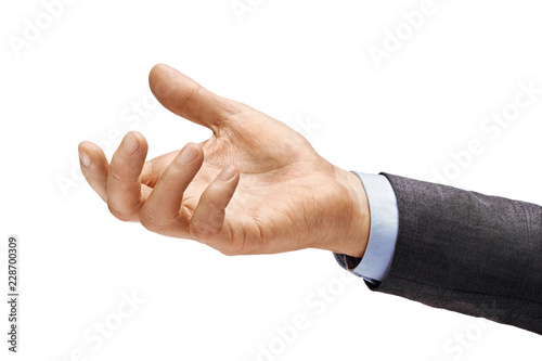 Man's hand in suit begs to something isolated on white background. Palm up, close up. High resolution product