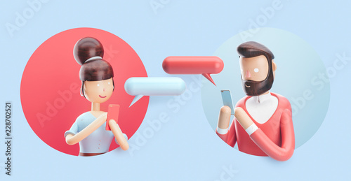 3d illustration. Online chat between a guy and a girl