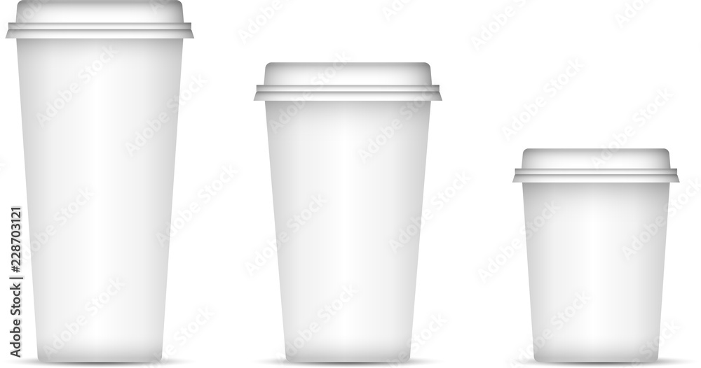 White coffee cups set isolated on background. Eps 10 Vector illustration. Disposable paper or plastic cups with lid for espresso, latte or tea. White coffee cups set isolated on background. Eps 10 Vector illustration. Disposable paper or plastic cups with lid for espresso, latte or tea.