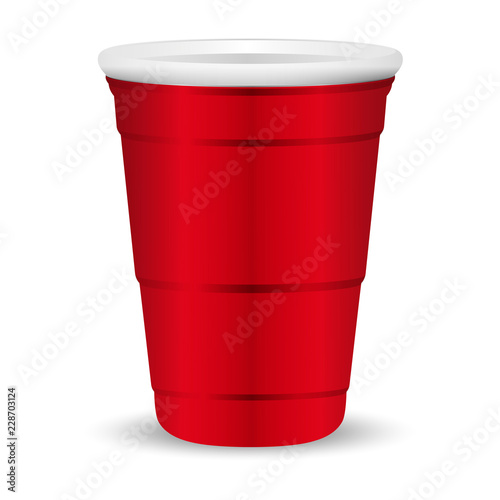 Red party cup realistic 3d vector illustration. Disposable plastic or paper container mockup for drinks and fun games isolated on white background.