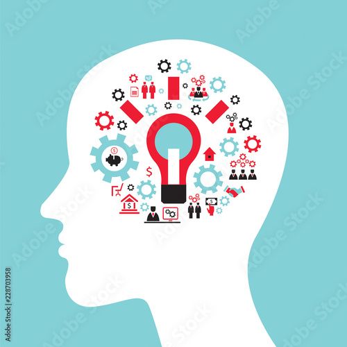 Infographics concept with head profile, brain, gears and business icons. Vector illustration