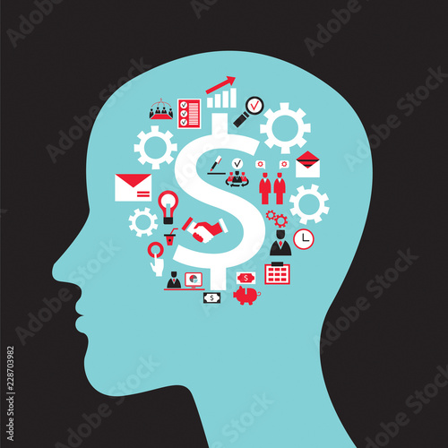 Infographics concept with head profile, brain, gears and business icons. Vector illustration