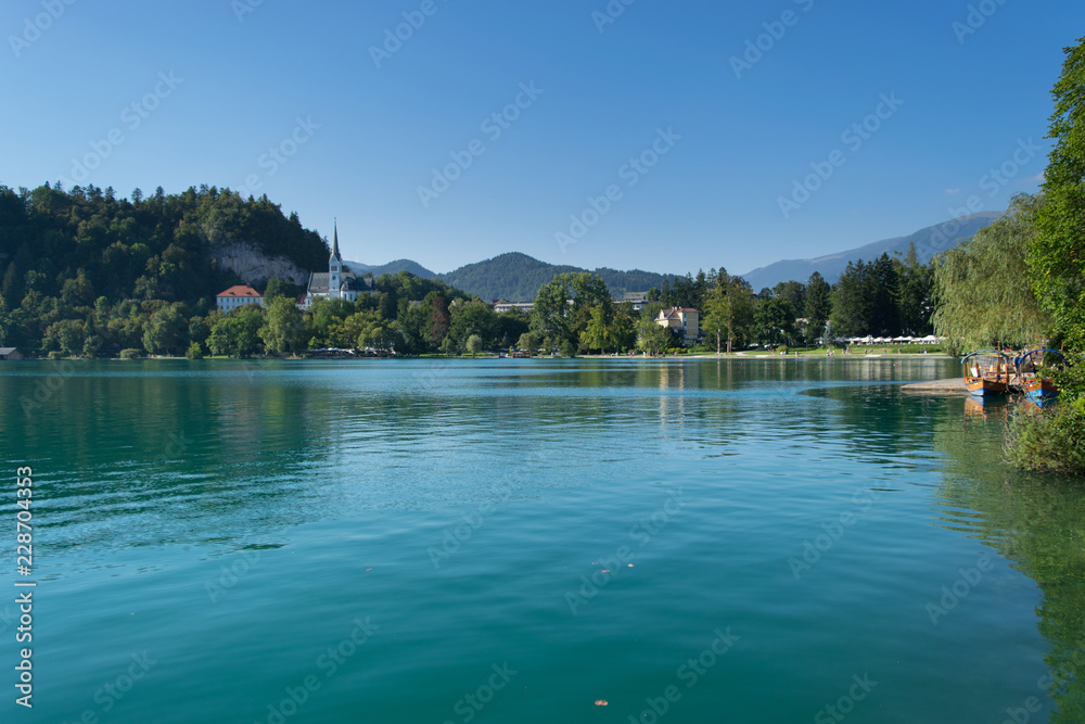 Bled with lake, island and mountains in background, Slovenia, Europe Bled with lake, island and mountains in background, Slovenia, Europe